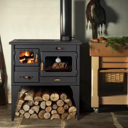 Prity Poêle à bois en fonte avec four et plaques de cuisson, 10 kw